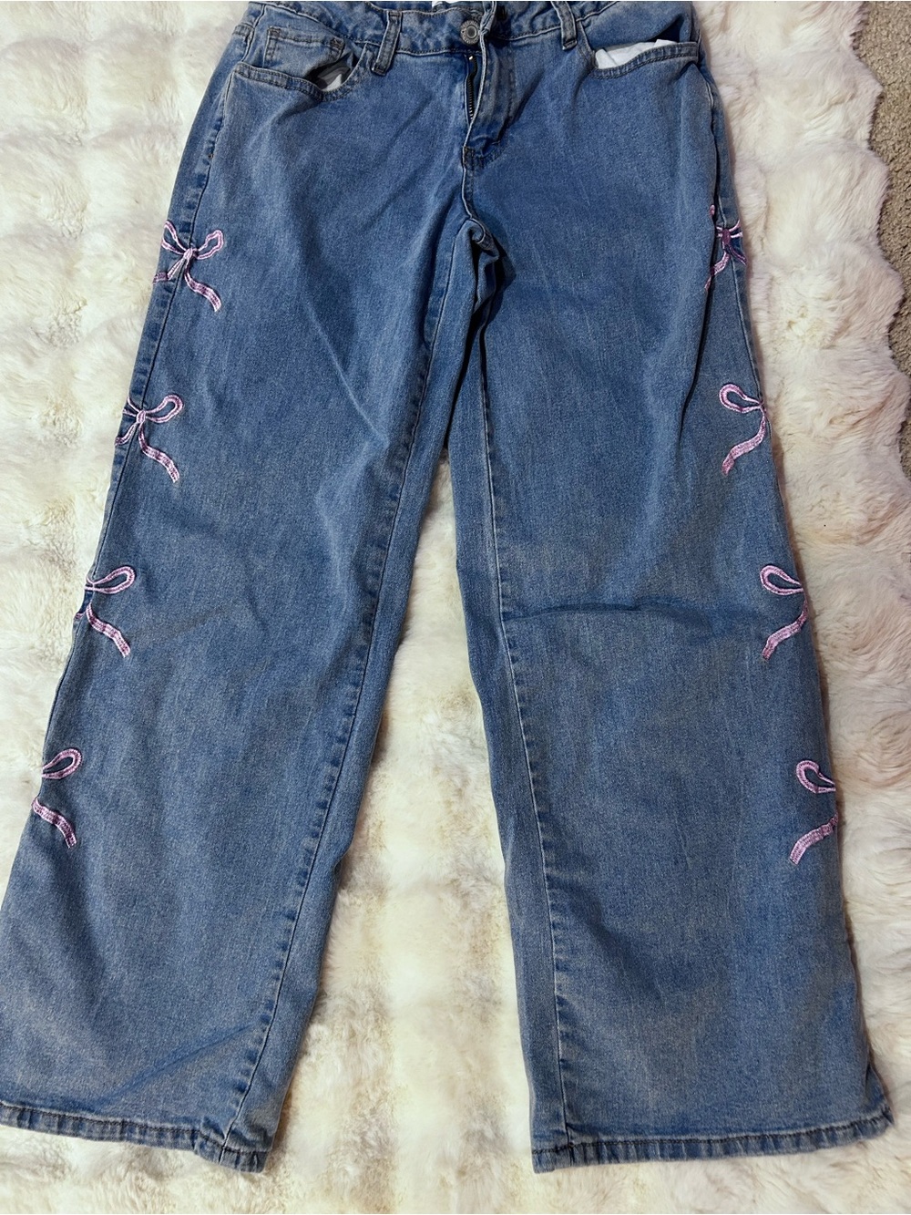 Women's Blue Denim Jeans with Pink Ribbon Embroidery